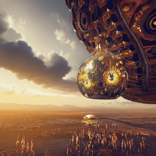 Image similar to enormous flying city in a gigantic faberge egg, sky, steampunk, flying islands, fantasy art, octane render