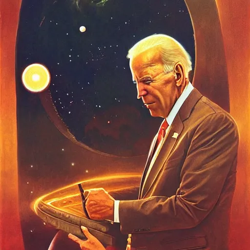 Prompt: joe biden creating the universe, by j. c. leyendecker and beksinski