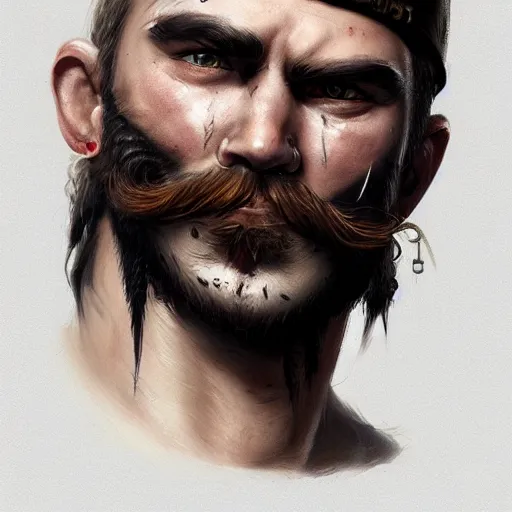 Prompt: portrait barbarian with face tattoo and trucker mustache, 8 k, trending on art station, by tooth wu and greg rutkowski