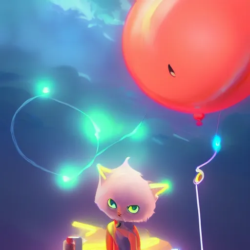 Prompt: a cat with a neon balloon in the ocean | hyperrealistic digital painting by makoto shinkai, ilya kuvshinov, lois van baarle, rossdraws | afrofuturism in the style of hearthstone and overwatch, trending on artstation