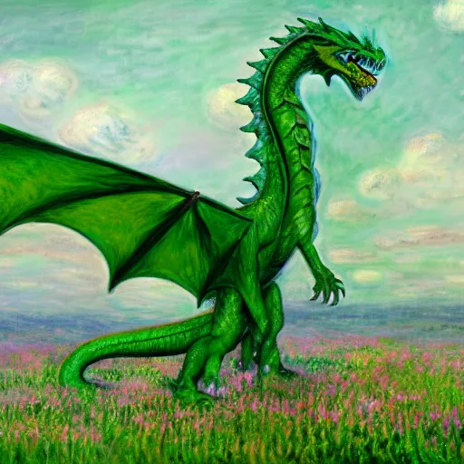 Image similar to A large green dragon sitting in a flowery meadow by Claude Monet, deviantart, furaffinity, highly detailed