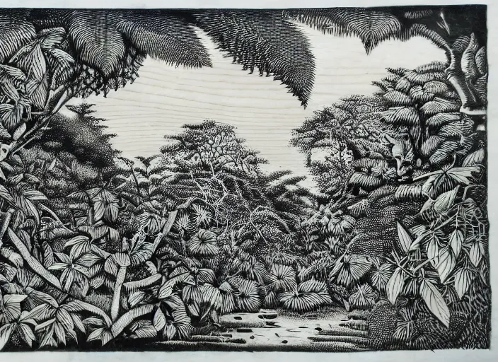 Prompt: a beautiful wood engraving on paper of the jungle