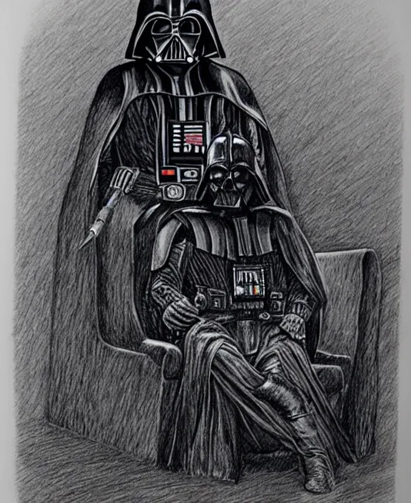 Image similar to a detailed fineliner drawing of darth vader relaxing in an armchair