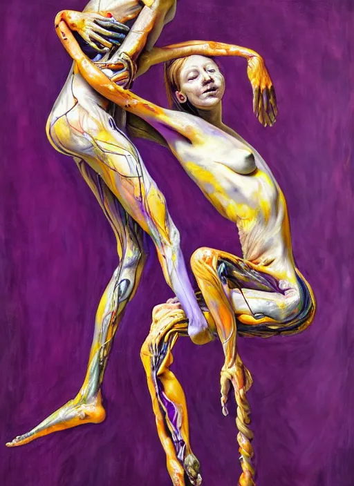 Prompt: a surreal biomorphic painting of two humanoid figures with extra limbs entwined in an embrace by jenny saville and charlie immer, draped in silky purple and gold, highly detailed, haunting, expressive, emotionally evoking, rendered in octane