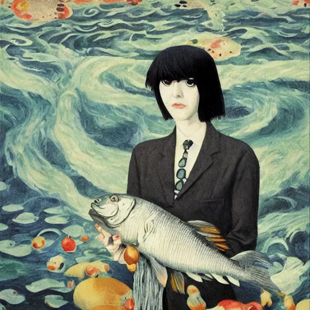 Image similar to tall emo female artist holding a large fish in her flooded apartment, seaweed, pomegranates, octopus, water gushing from ceiling, painting of flood inside an artist's apartment, a river flooding indoors, ikebana, zen, rapids, waterfall, black swans, canoe, berries, acrylic on canvas, surrealist, by magritte and monet