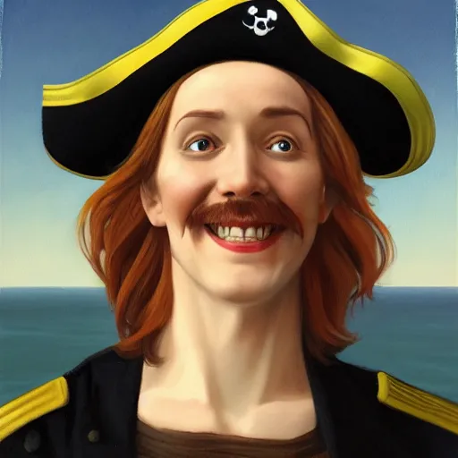 Image similar to a happy smiling loving pirate captain gazing into the horizon in the style of mary jane ansell.