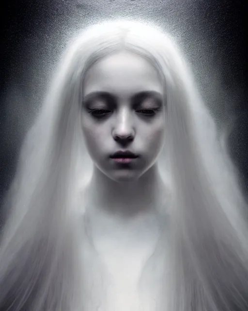 Image similar to soft, dreamy, subsurface scattering, white, young beautiful goddess in cosmos with very long white hair floating in air, fluid smoke art, black and white, octane render, dino valls, mark ryden, joe fenton, michal karcz, highly detailed, rim light, art, cinematic lighting, very coherent, hyper realism, 8 k