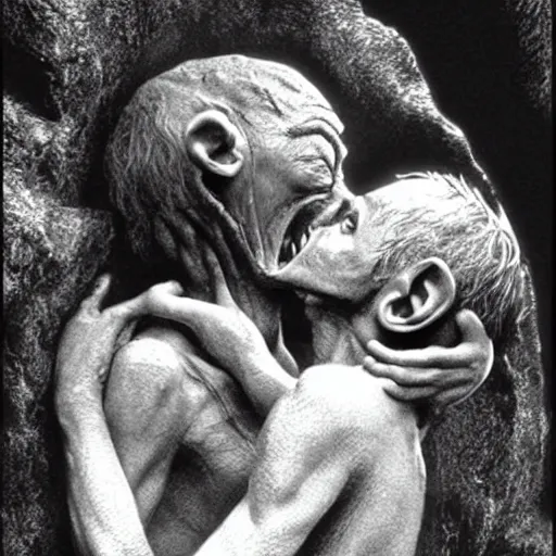 Image similar to gollum kissing frodo in lord of the rings by peter jackson, still, very photorealistic