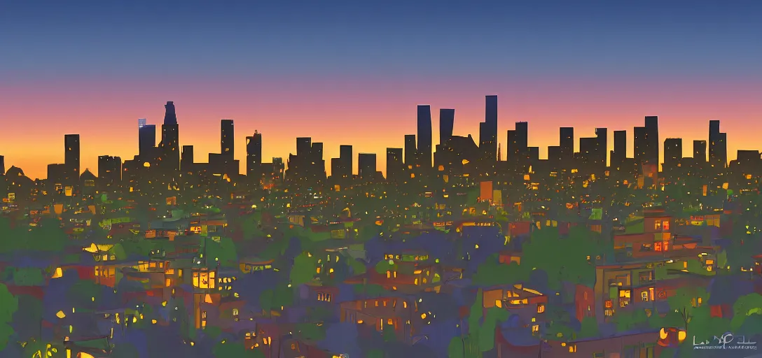 Image similar to cartoony skyline of l. a. at dusk by lou romano, pixar, disney