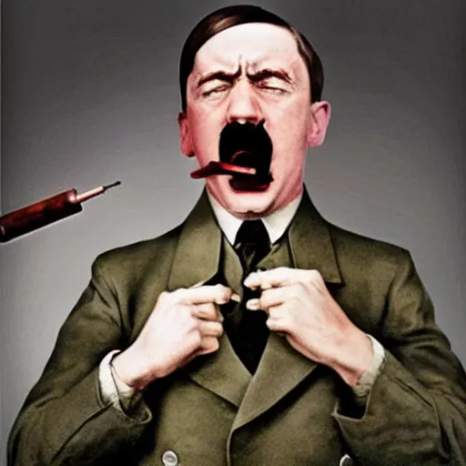 Image similar to photo of adolf hitler pointing a gun to his mouth while crying, before suicide, in the style of martin schoeller