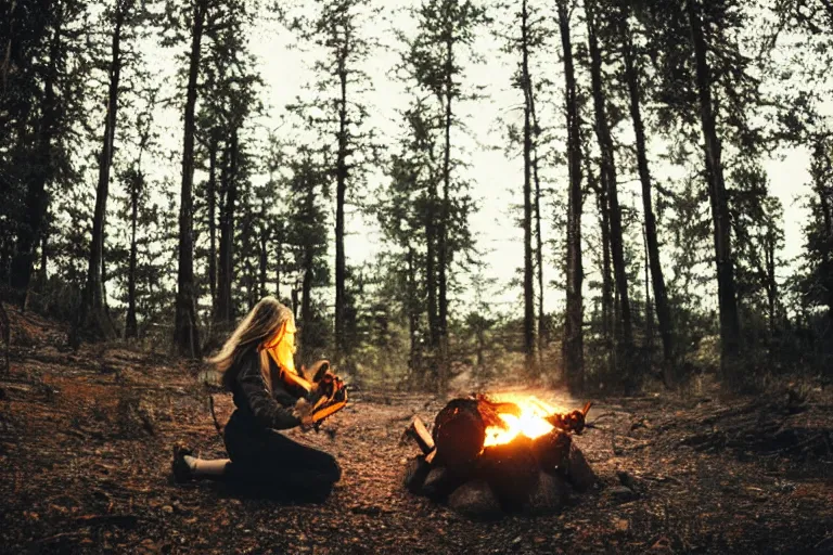 Prompt: girl with a motorcycle alone by the campfire, night in a dark forest, cinematic lighting, low angle photography, wide shot, hyperrealistic, 8k
