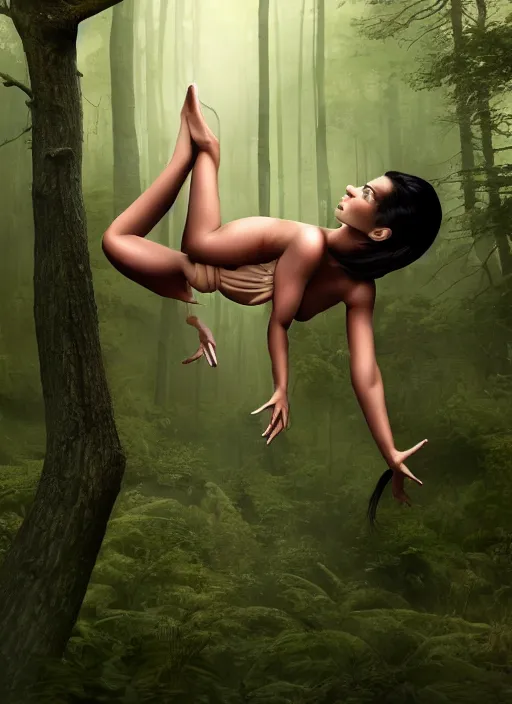 Prompt: alien swallowing kim kardashian, attire: bikini, big bust, backround: forest, fog, uhd, photorealism, realistic, wide shot, full shot.