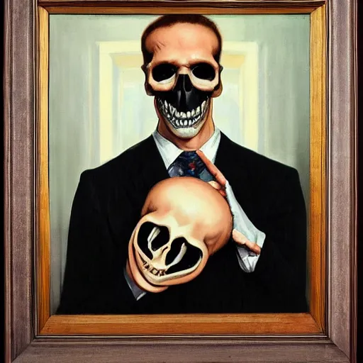 Image similar to portrait of a suited man with medical gloves and a skull mask, by Gerald Brom