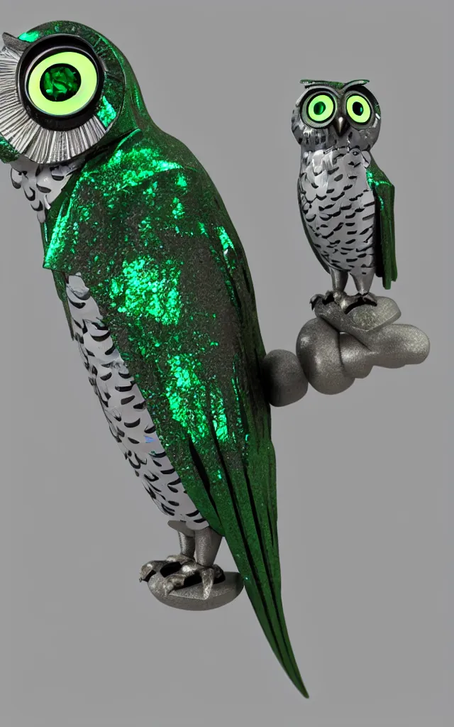 Prompt: realrender pewter emerald animatronic owl