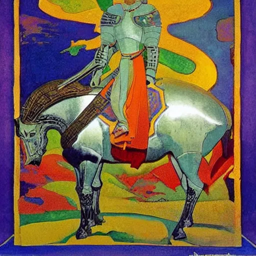 Image similar to a naturalist beautiful beautiful gorgeous vintage painting of a shining metal medieval knight in armor by nicholas roerich by gustave moreau, by eyvind earle by bruce pennington by georgia o keeffe, blood, skin reflective metallic