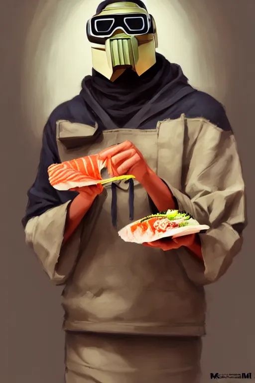 Image similar to mf doom making sushi, animation pixar style, mf doom rapper, lighting poster by magali villeneuve, artgerm, jeremy lipkin and michael garmash, rob rey and kentaro miura style, trending on art station