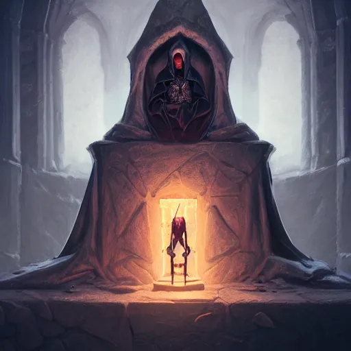 Image similar to necromancer sitting on a throne inside dungeon crypt, wearing a dark hood and completely blank mask, gray stone wall behind him by Stanley Artgerm Lau, WLOP, Rossdraws, James Jean, Andrei Riabovitchev, Marc Simonetti, and Sakimichan, Unreal Engine, 4k, trending on Artstation