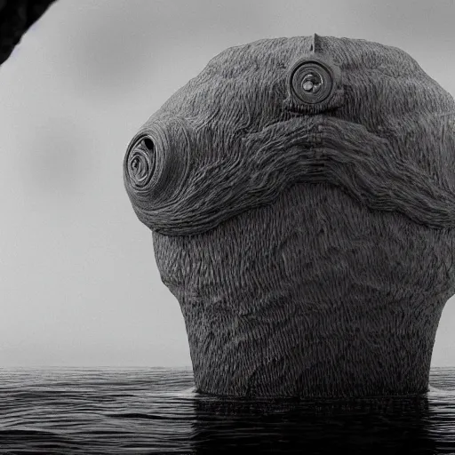 Image similar to a gigantic lovecraftian cyclope emerging from under the ocean, gazing to the sky, old 3 5 mm ilford black and white, photorealistic, anamorphic lens, highly detailed, high definition, hyperrealistic