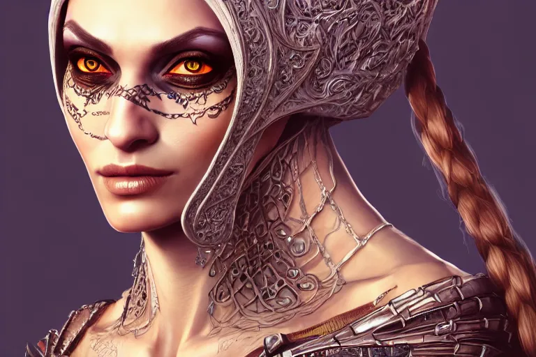 Image similar to a full portrait of a beautiful woman wearing, wearing extremely detailed attire, slim complexity, extremely detailed eyes, medievil, dnd, extremely detailed, high quality, trending on artstation, photo realistic