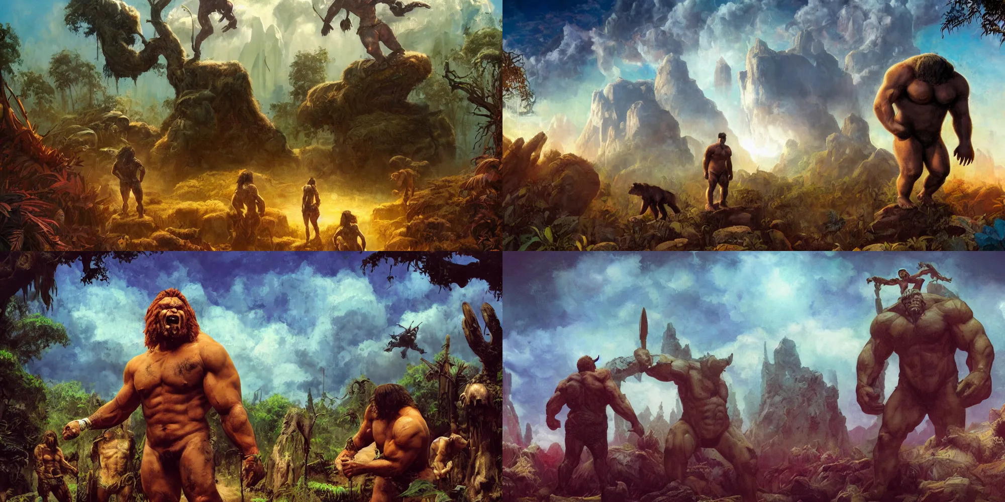 Prompt: muscular grizzly bear barbarian wrestler and small astronaut in moody frazetta jungle , dead corpses , cyan portal gate , big graveyard, extremely textured frazetta oil painting panorama dramatic sky backlight