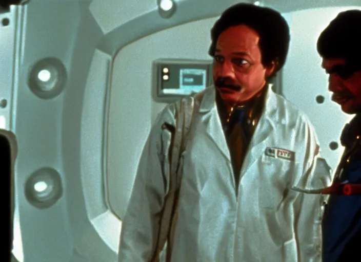 Image similar to film still of young old Cheech Marin with HAL as Dr. Dave Bowman in 2001 A Space Odyssey