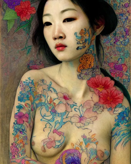 Prompt: close up of a beautiful asian girl with intricate colourful tattoos surrounded by colourful flowers, by edgar maxence and caravaggio and michael whela, dramatic lighting, artistic, intricate drawing, light brazen, realistic fantasy, extremely detailed and beautiful aesthetic face, 8 k resolution, dramatic lighting