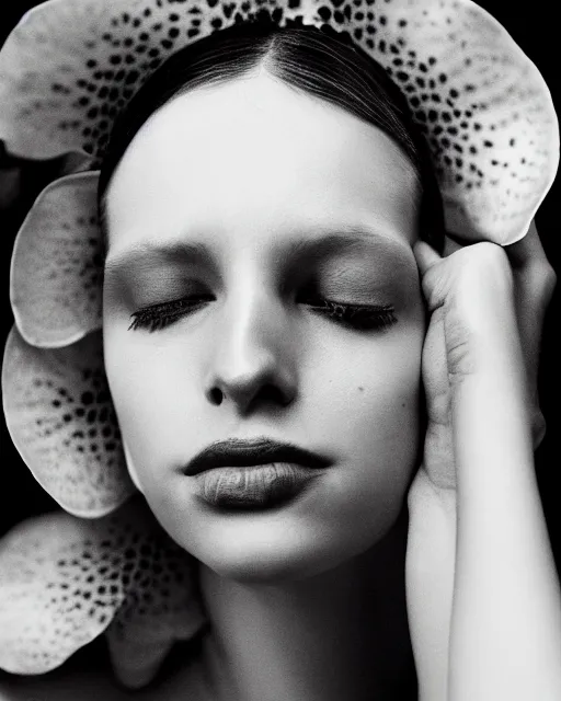 Prompt: women portrait, close - up, orchid flowers, retro, palaroid, high sharpness, zeiss lens, fashion photo shoot black and white photo, annie leibovitz, paolo roversi, greg kadel, inez vinoodh, karl lagerfel artistic, hyperrealistic, beautiful face, octane rendering