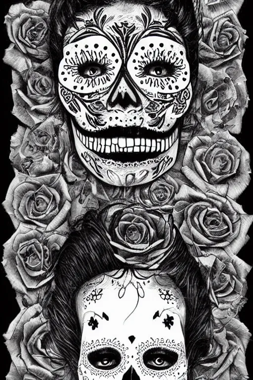 Prompt: Illustration of a sugar skull day of the dead girl, art by Dan Hillier