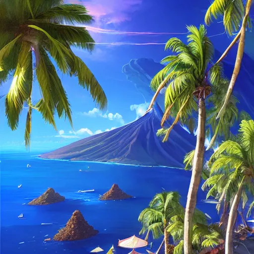 Image similar to a painting a breathtaking aerial view of Hawaiian islands, surrounded by palm trees, clouds, flowers, volcano, azure ocean, sunlight glistening, glow, , a detailed matte painting by sylvain sarrailh, Stephan Martinière, by RHADS, Makoto Shinkai, bokeh, Artstation contest winner, fantasy art, concept art, #vfxfriday