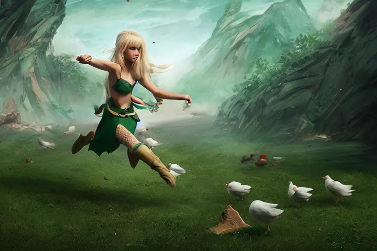 Prompt: a blonde elf wearing a green tunic running away from a flock of white chickens , made by Stanley Artgerm Lau, WLOP, Rossdraws, ArtStation, CGSociety, concept art, cgsociety, octane render, trending on artstation, artstationHD, artstationHQ, unreal engine, 4k, 8k,