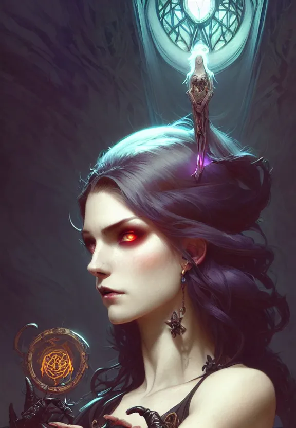 Image similar to Necromancer Sorceress in center, fantasy magic, undercut hairstyle, dark light night, intricate, elegant, sharp focus, illustration, highly detailed, digital painting, concept art, matte, art by WLOP and Artgerm and Greg Rutkowski and Alphonse Mucha, masterpiece