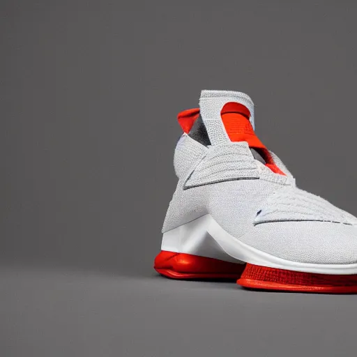 Prompt: a studio photoshoot of a Nike Lebron sneaker collab designed by Dieter Rams, air technology, geometric, knitted mesh material, realistic, color film photography by Tlyer Mitchell, 35 mm, graflex