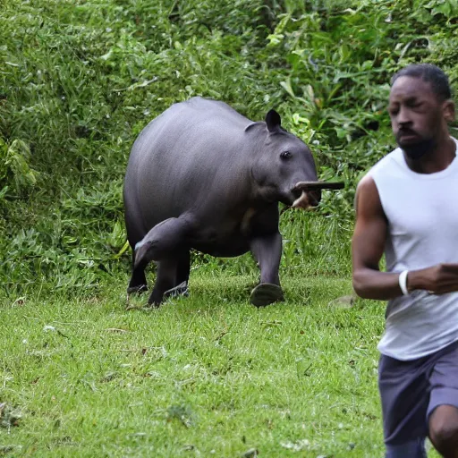 Prompt: A photograph of a man running away from a tapir.
