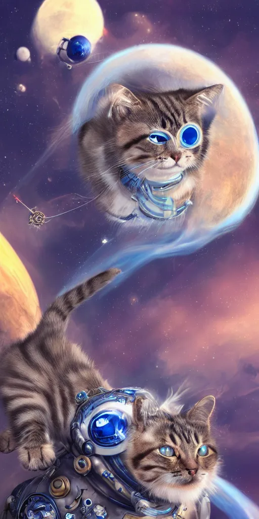 Image similar to A cat with beautiful blue eyes flying in a steampunk space suit over the Saturn planet, digital illustration, concept art, 8k, trending on artstation, highly detailed