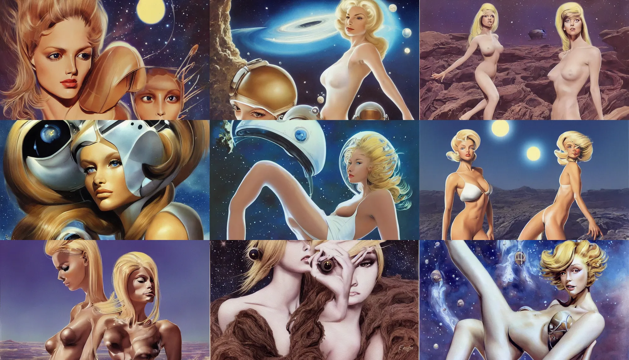 Prompt: A mixed media painting of a very beautiful light-brown-hair / blonde woman on an alien environment, elegant, aesthetic!!! symmetrical face and eyes, piercing gaze, photorealistic, model, futuristic white-space-bikini, 60's cartoon-space helmet, eighties pinup style, by Frank Frazetta, Boris Vallejo, Donato Giancola, Beeple, Greg Rutkowski, Christian MacNevin, epic fantasy character art, full length, high fantasy, starship-troopers, CGsociety, exquisite detail, post-processing, masterpiece, cinematic