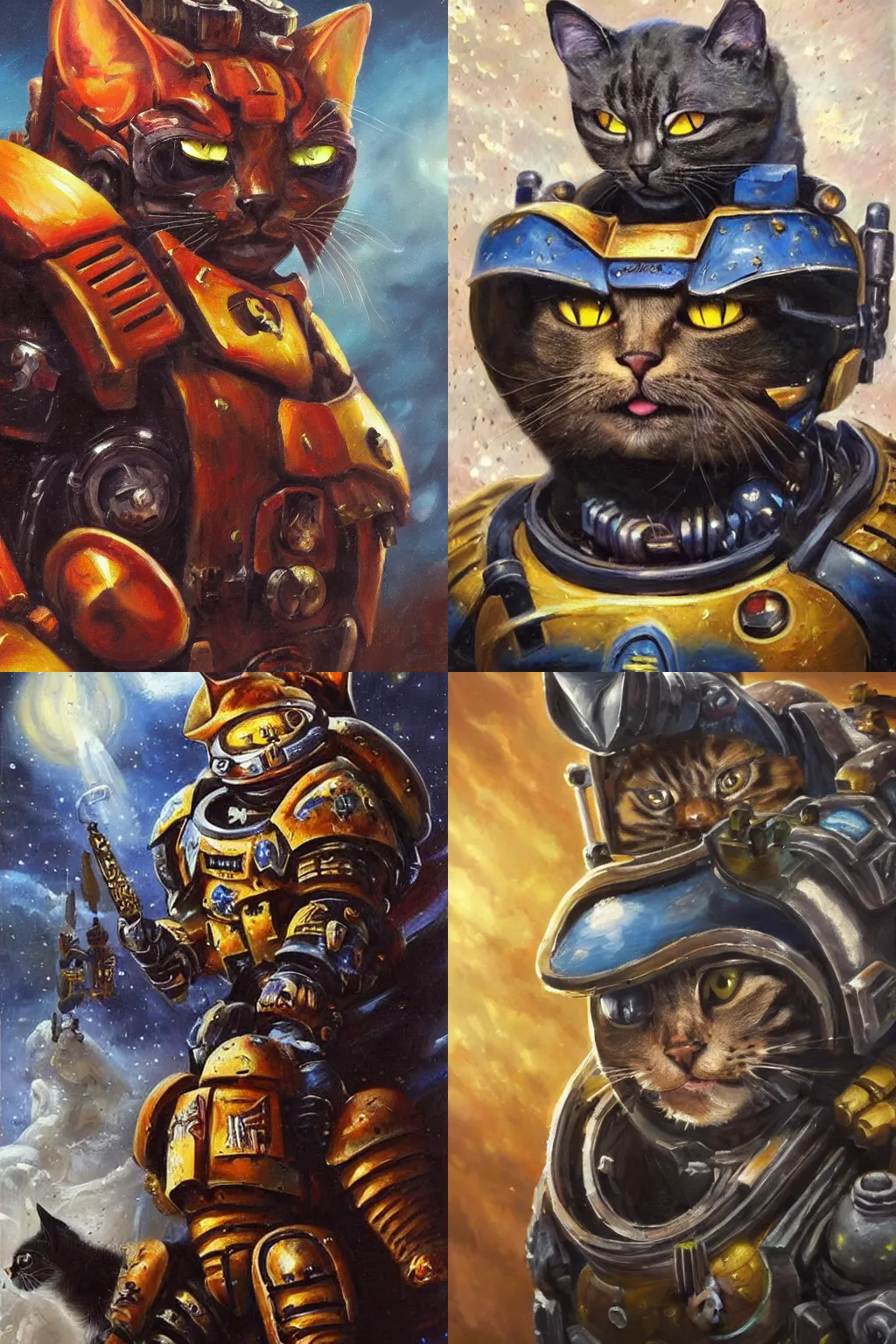 Prompt: an oil painting of a cat as an Space Marine from the Warhammer 40k, sparkly detailed cat eyes, glorious, cinematic, realistic lighting, masterpiece painting