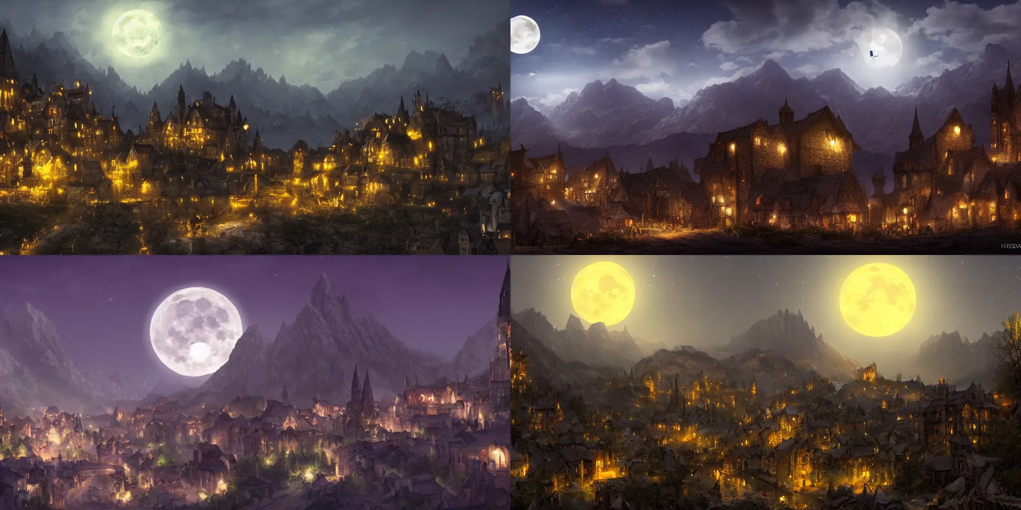 Prompt: A fantasy medieval town at night, moonlight, mountains in background, by Fred church hd, cinematic, very detailed, Trending on artstation.