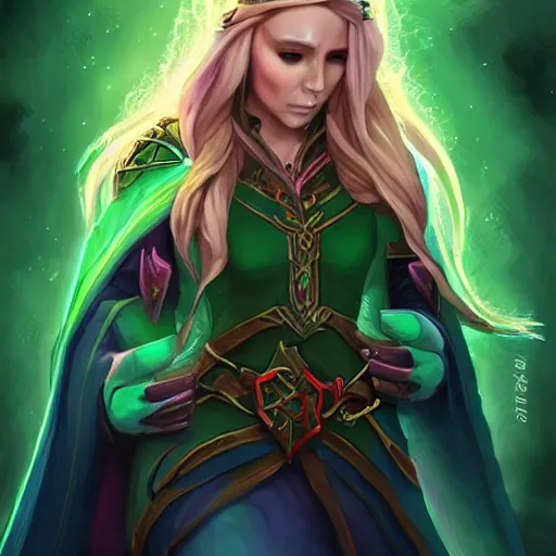 Prompt: beautiful female elf sorcerer, green lighting, elizabeth olsen face, in hearthstone art style, epic fantasy style art, fantasy epic digital art, epic fantasy card game art