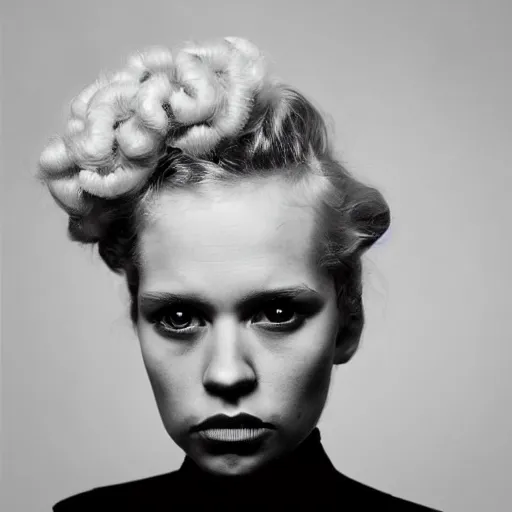 Image similar to symmetrical human portrait of lisa simpson with pearls and with blonde curly hair, grainy high contrast black and white photography photo print ilford warm tone