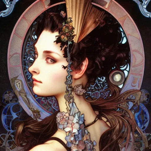 Prompt: realistic detailed face portrait of a Steampunk Marie Antoinette by Alphonse Mucha, Ayami Kojima, Amano, Charlie Bowater, Karol Bak, Greg Hildebrandt, Jean Delville, and Mark Brooks, Art Nouveau, Neo-Gothic, gothic, rich deep moody colors