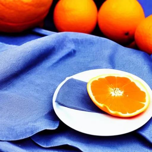 Image similar to an peeled orange on a white plate, over a blue tablecloth