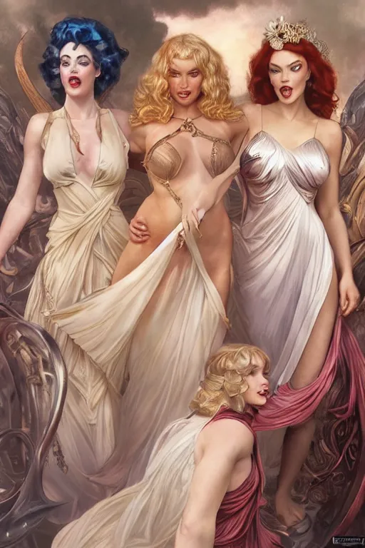 Image similar to ultra realistic illustration, a stunningly beautiful greek goddess of chaos played by marilyn monroe and christina hendricks and margot robbie and taylor swift and megan fox and emma stone and britney spears, intricate, elegant, highly detailed, digital painting, artstation, concept art, smooth, sharp focus, illustration, art by artgerm and greg rutkowski and alphonse mucha