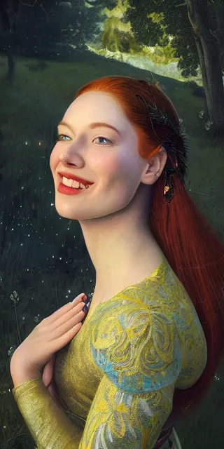 Prompt: young woman, serene smile, surrounded by golden firefly lights amidst nature, full covering intricate detailed dress, long red hair, precise linework, accurate green eyes, small nose with freckles, beautiful smooth oval shape face, empathic, expressive emotions, dramatic lights, hyper realistic ultrafine art by artemisia gentileschi, jessica rossier, boris vallejo