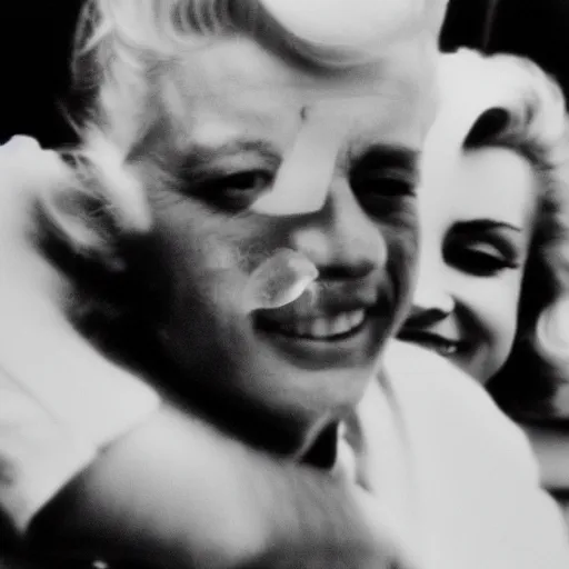 Image similar to damaged photo of marilyn monroe and jfk by diane arbus, black and white, high contrast, soft focus, rolleiflex, 5 5 mm f / 4 lens