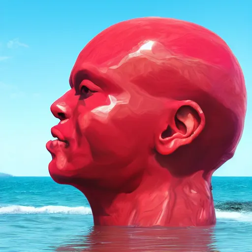 Image similar to a giant human head sculpture in the sea made out of juicy red jelly, in the style of chad knight, long shot, hyper detailed, hyper realistic, ray tracing, 8 k resolution, sharp focus, realistic water, award winning