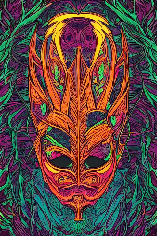 Image similar to animal mask totem roots flower tribal feather gemstone plant wood rock shaman vodoo video game vector cutout illustration vivid multicolor borderlands comics by josan gonzales and dan mumford radiating a glowing aura