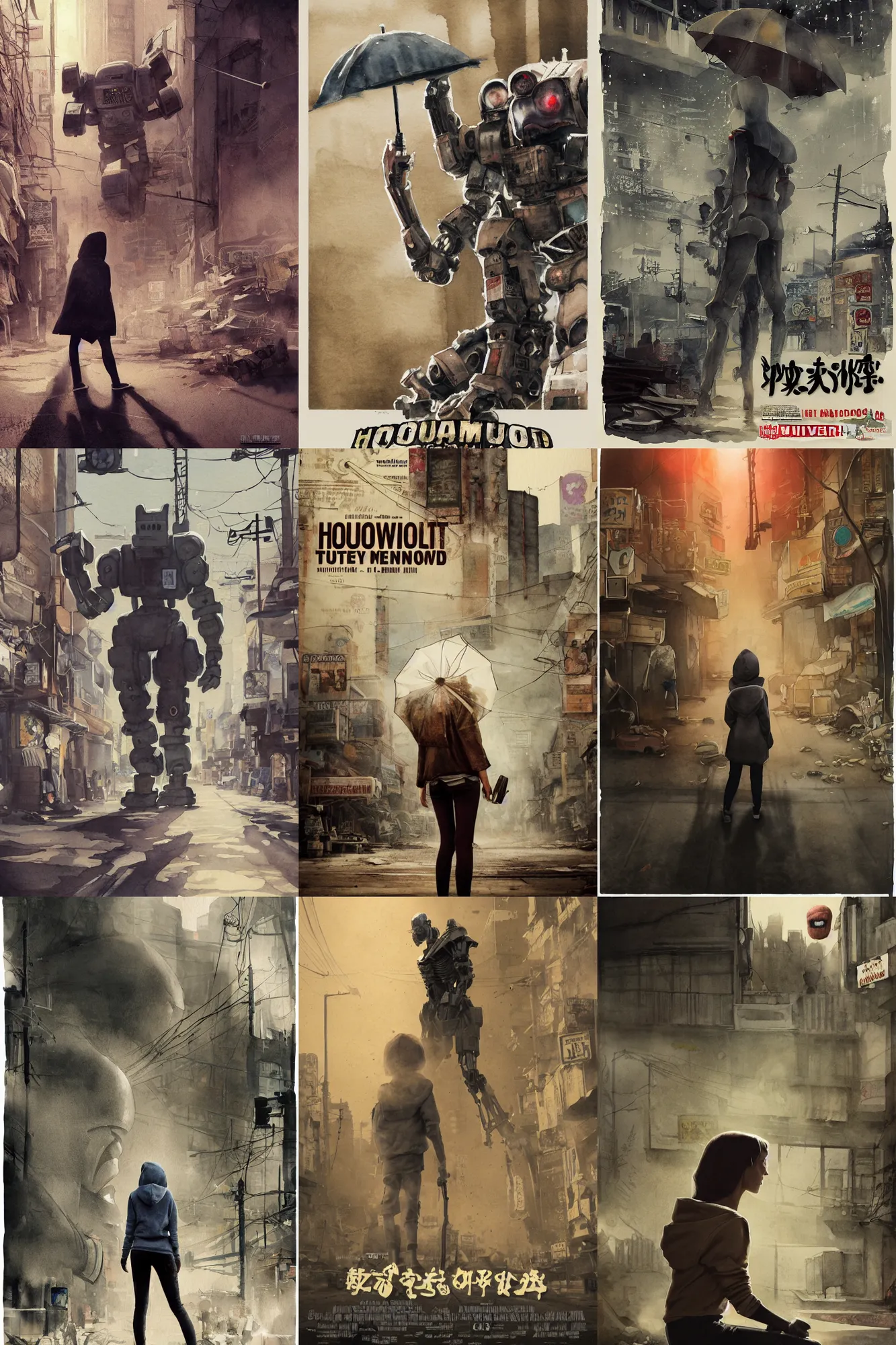 Prompt: incredible movie poster, simple watercolor, soft bloom lighting, paper texture, movie scene, distant shot of hoody girl side view sitting under a parasol in deserted dusty shinjuku junk town, old pawn shop, bright sun bleached ground , muscle robot monster lurks in the background, animatronic, black smoke, pale beige sky, junk tv, texture, strange, impossible, fur, spines, mouth, pipe brain, shell, brown mud, dust, overhead wires, telephone pole, dusty, dry, pencil marks hd, 4k, remaster, dynamic camera angle, deep 3 point perspective, fish eye, dynamic scene