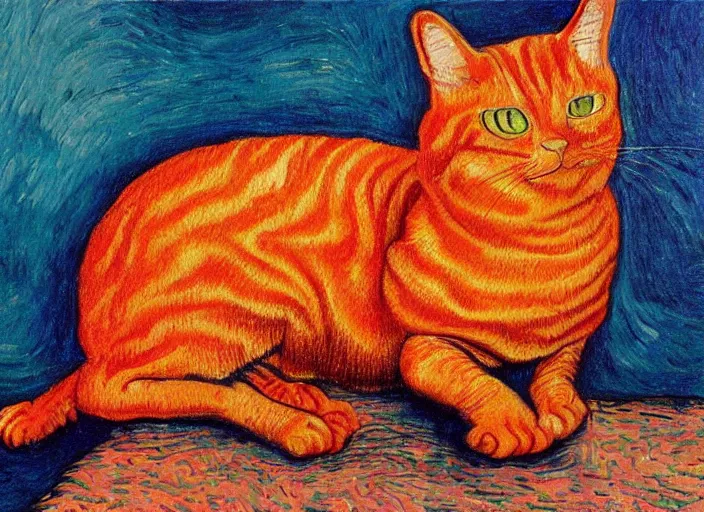 Image similar to detailed realistic realism painting of lasagna that looks like an orange tabby cat, at dusk, in the style of vincent van gogh and salvador dali and leonardo da vinci