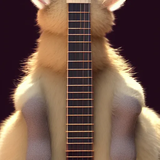 Image similar to cute fluffy caracal playing fluffy guitar, fully detailed, high quality , 4k , octane render , soft light , masterpiece