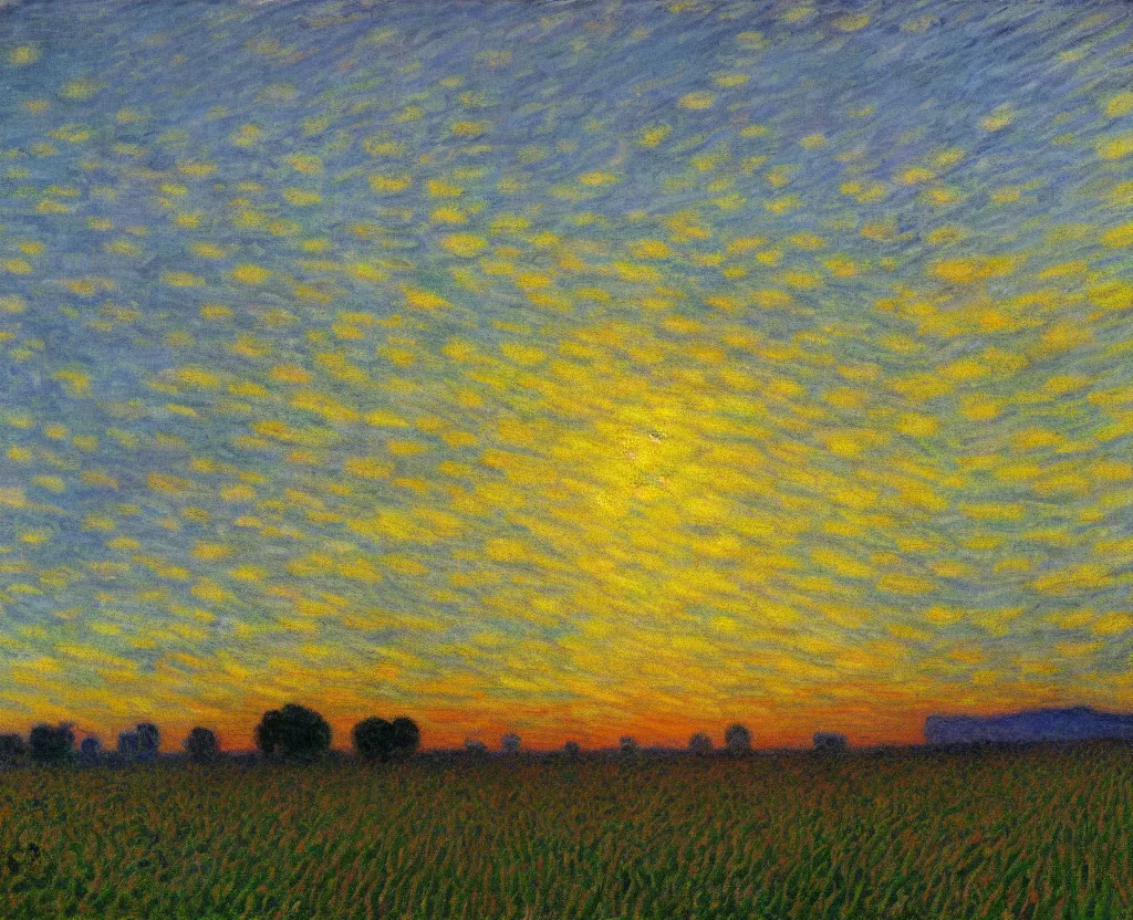 Prompt: an impressionism painting of endless cornfields at sunset, volumetric lighting, godrays, light rays, claude monet